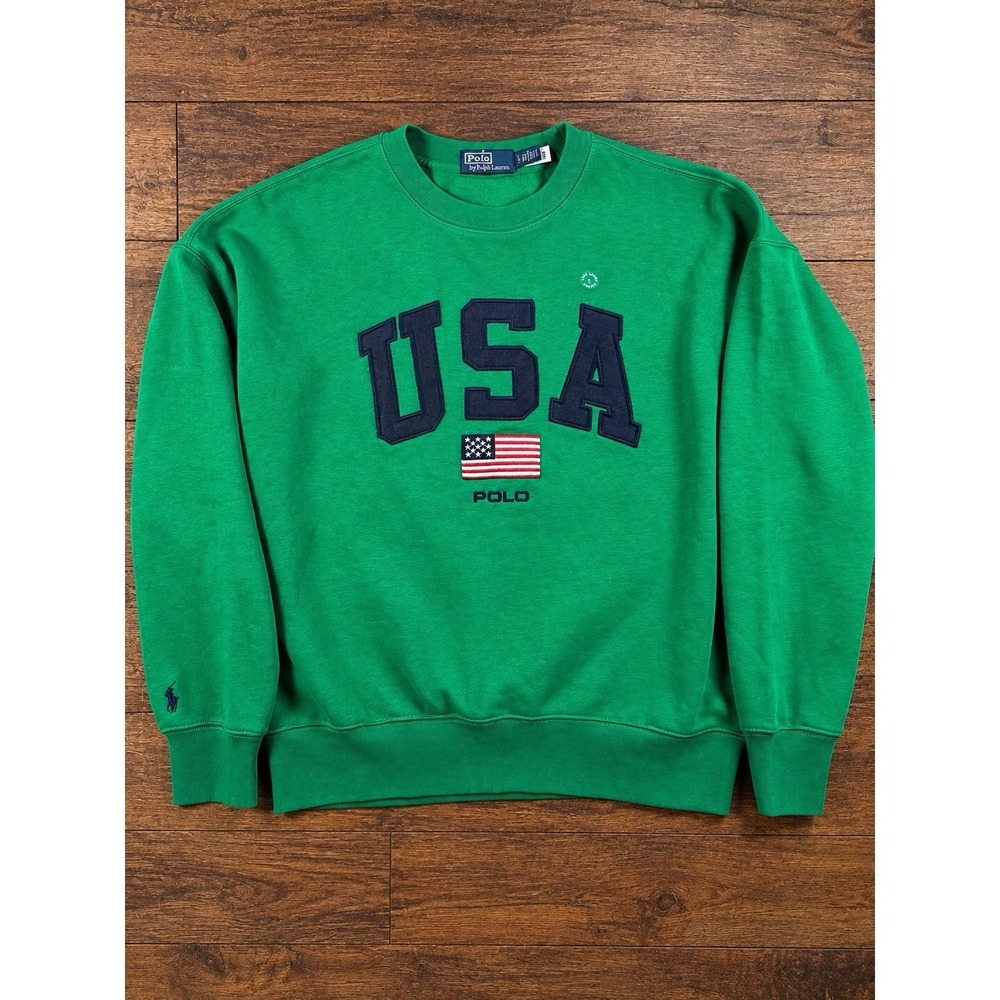Polo Ralph Lauren Vintage Fit USA Flag Fleece Sweatshirt Applique Green Large